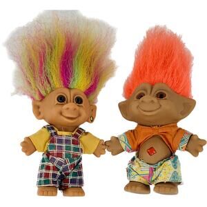 Vintage 1980s Troll Dolls Ace Bright Rainbow Hair Overalls Orange Hair Punk Lot
